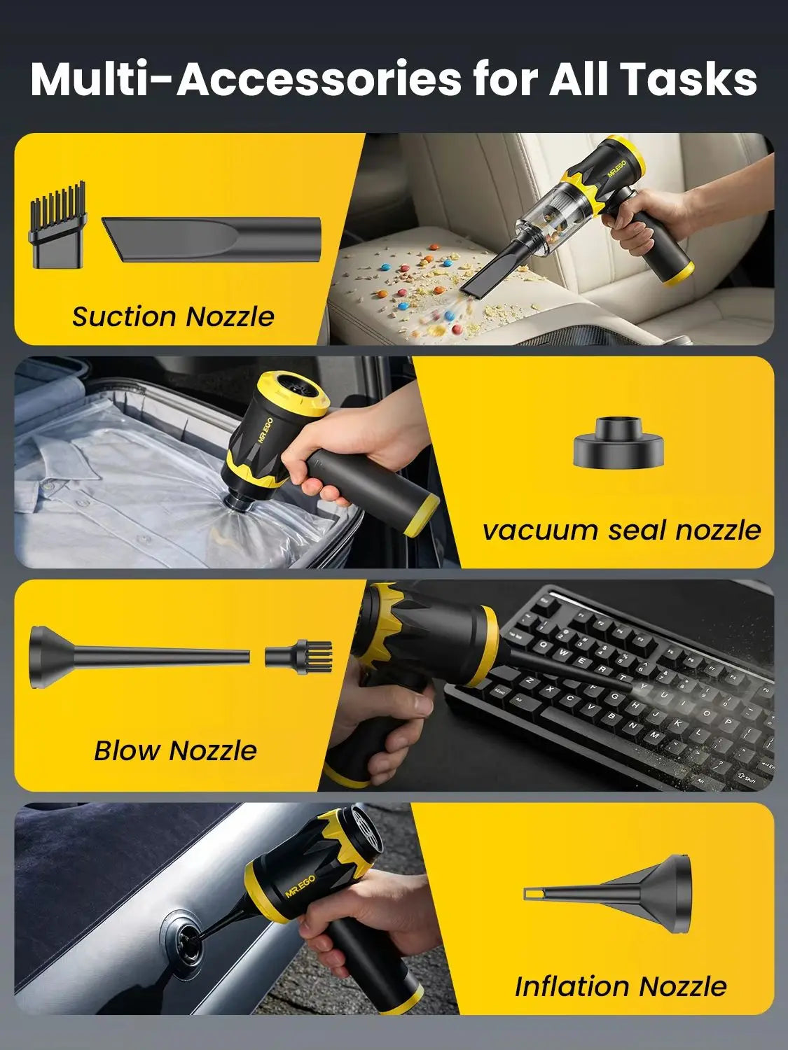 Mr.ego Car Vacuum Portable Cordless, 22Kpa Mini Vacuum with Brushless Motor, Up to 35‑Min Runtime, 4-in-1 Vacuum/Air Duster, 120W High Power, Ultra-Lightweight & Multi-Nozzles for Car, Home, Office