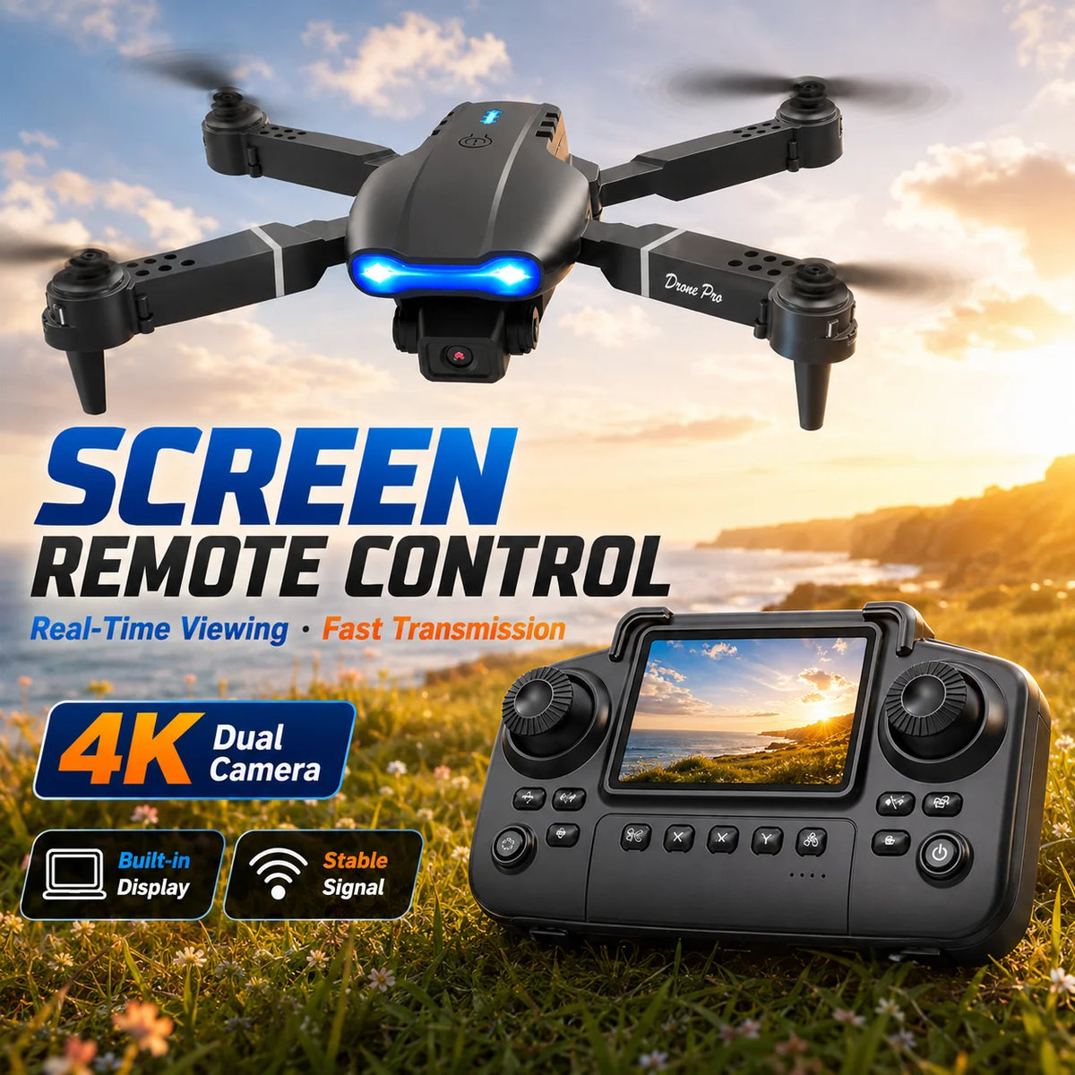 ZNLYRION RC Drone with Screen Remote Control 4K Dual Camera Optical Flow Positioning Obstacle Avoidance Foldable FPV WIFI APP Control One Key Return 360Â° Flip Quadcopter Toy for Beginners