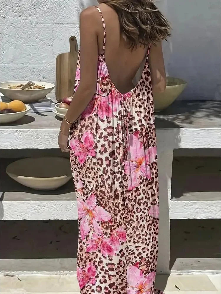 Women's Camisole Backless Dress Loose Pink Leopard Print Female Beach Dresses Summer Elegant Casual Boho Dresses For Women Robe