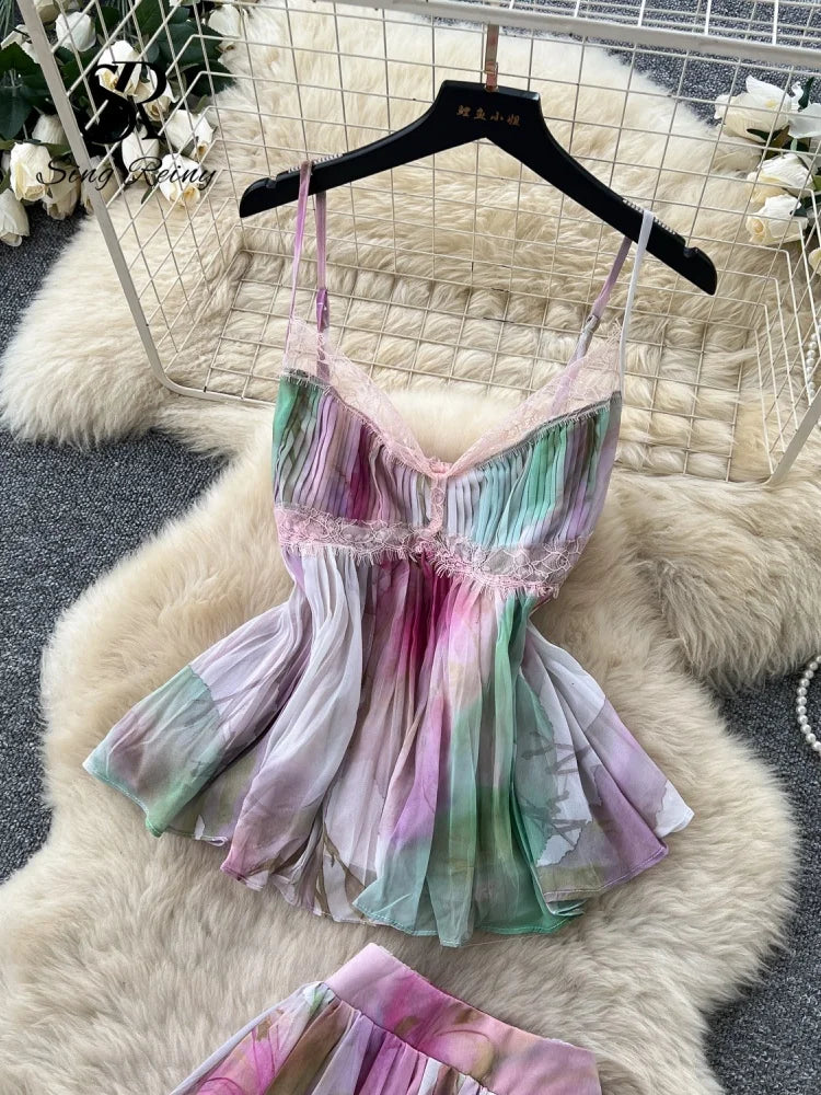 Sets SINGREINY Summer Holiday Lace Spliced Beach Suits Women Strap Pleated Top+A Line Long Skirts French Chiffon Bohe Two Pieces Sets