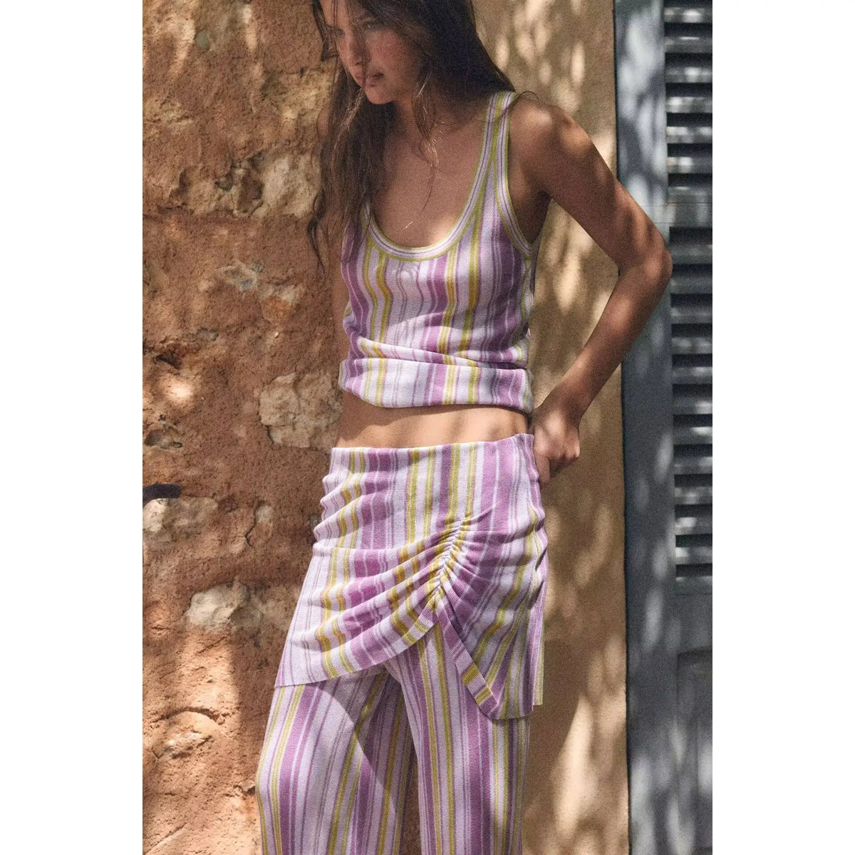 Fashionable Striped Knitted Women's Clothing ZR Style Spring Summer Arrival Two-Piece Set Long Skirt Pants No Sleeve