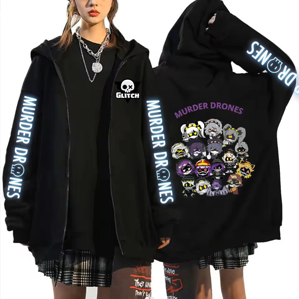 Anime Murder Drones Pattern Zipper Hoodies Harajuku Women's Hooded Sweatshirt Winter Fashion Casual Fleece Unisex Zipper Jacket