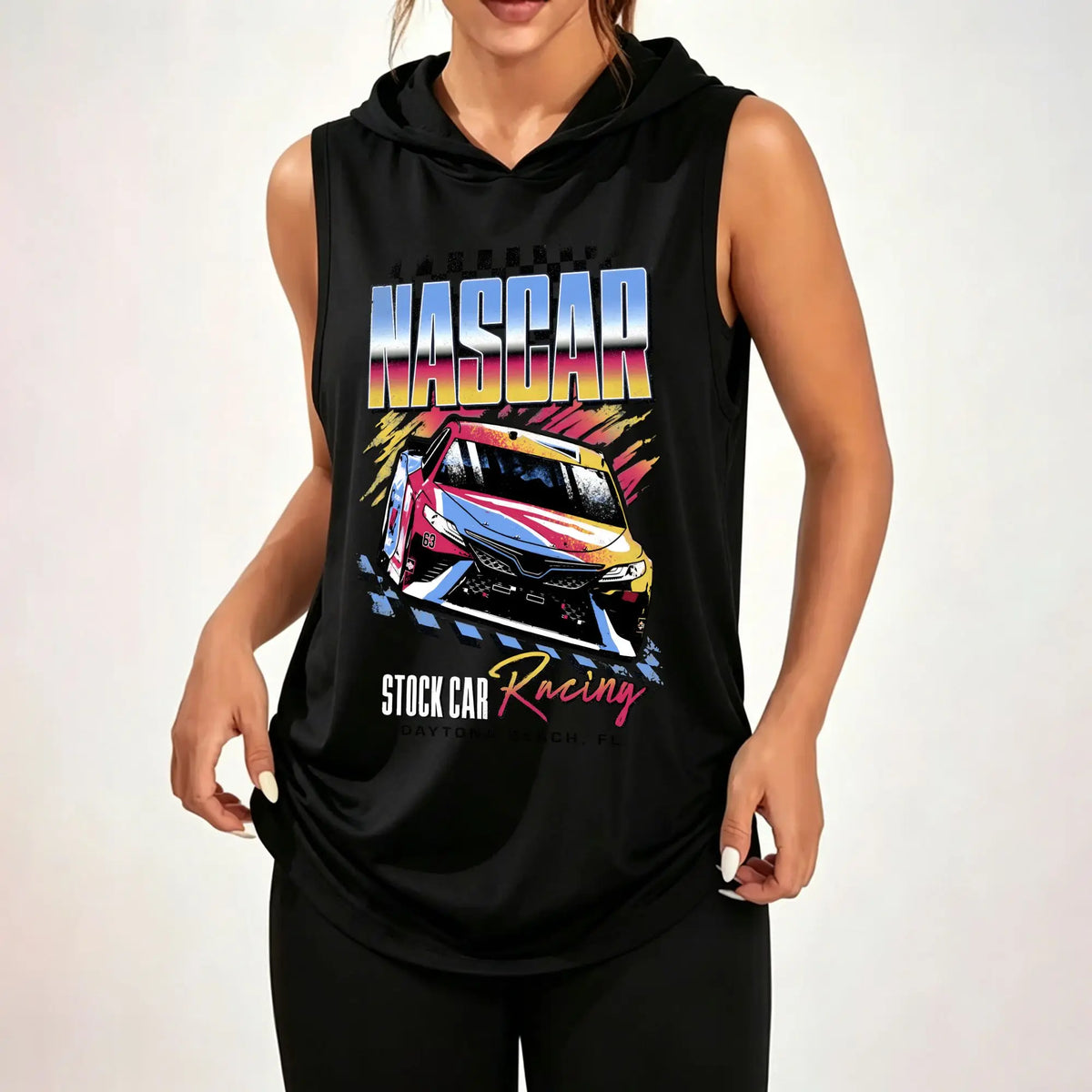 Women Sleeveless Hooded Tank Top, Retro Nascar Stock Car Racing Graphic Print, Casual Loose Sleeveless Hoodie Daily Hood Tank Tops ****