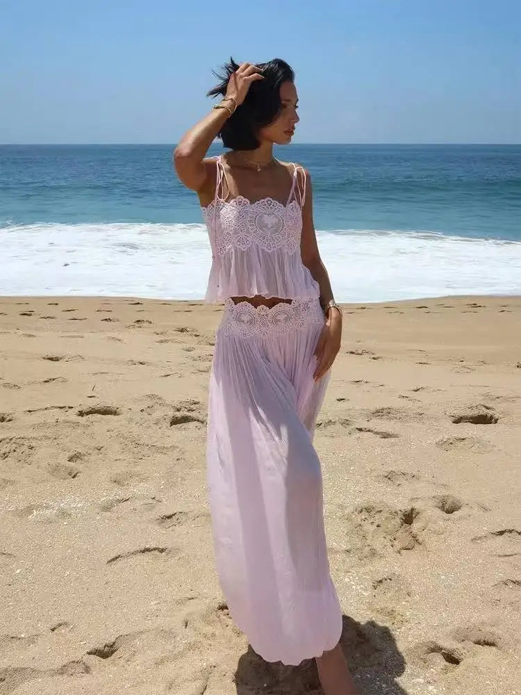 Beach Floral Women's Sets Beach Water‑Soluble Floral Lace Hollow Out Women's Pants Sets, Ruffles Spaghetti Strap Crop Tops, Loose Pleated Lantern Pants, 2