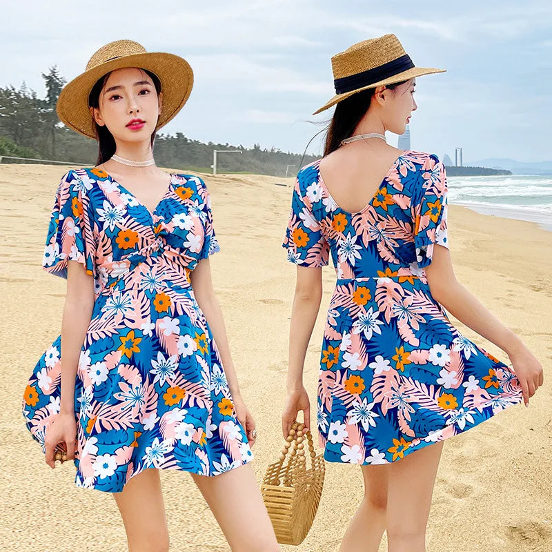 Women's One Piece Swimdress Tropical Floral V Neck Twist Front Short Sleeve Flared Skirt Summer Beach Bathing Suit Swimwear