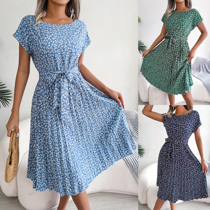 Floral Boho Midi Gaun Berlipat Floral Wanita Gaun Midi Perban Ruched Lengan Pendek Leher-o Kasual Musim Panas Gaun Boho Chic A Line Pantai Wanita