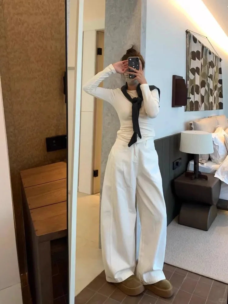 Baggy Barrel Leg White Jeans Women's Wide Leg Loose Oversized Denim Pants Spring Fashion Korean Style Y2K Pants Streetwear