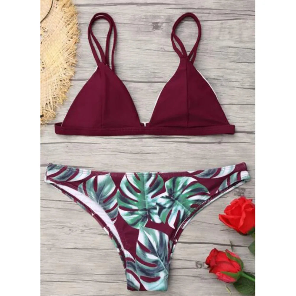 Leaves Print Bikinis Set For Women Swimwear Padded Push-Up Beachwear Bather Bathing Set Beachwear Summer Bikini Set Femme
