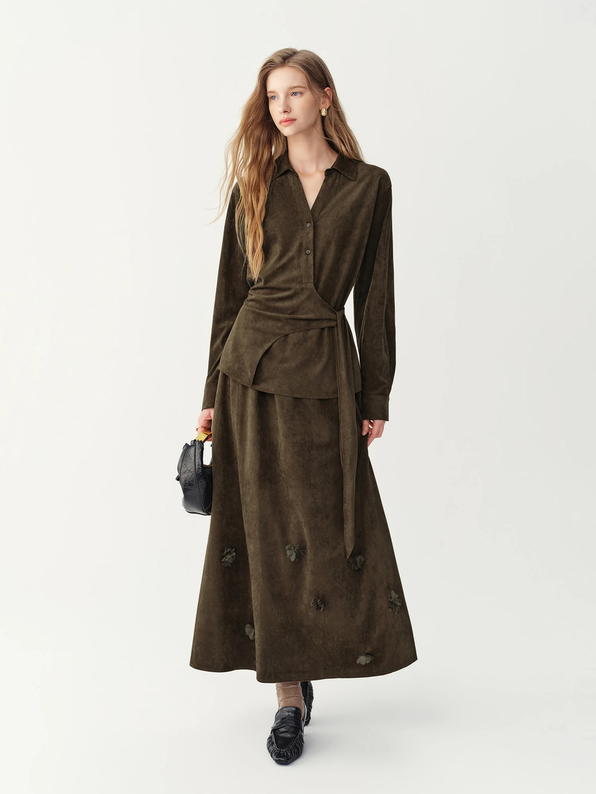 Set FSLE Maillard Coffee Faux Suede Tie Waist Shirt and Skirt Two Piece Set Women Retro Slimming Office Commute Date Outfits