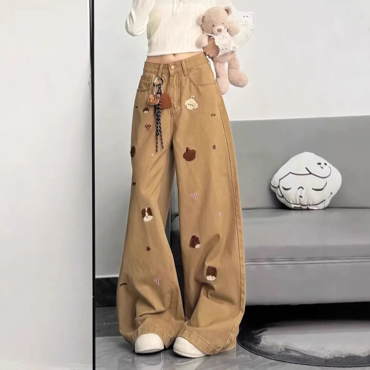 Women Maillard Style Khaki Embroidered High Waist Wide Leg Jeans Loose Casual Pants