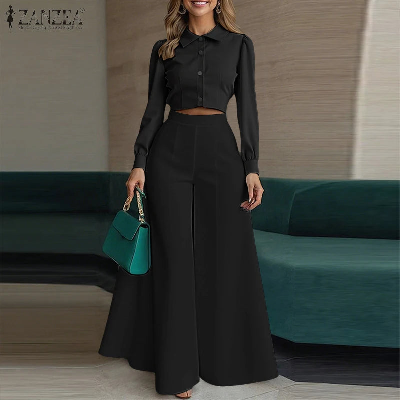 ZANZEA Elegant Women 2-Piece Pant Sets Long Sleeve Cropped Top & Wide Leg Pant Matching Sets Autumn Minimalist OL Work Co-ords