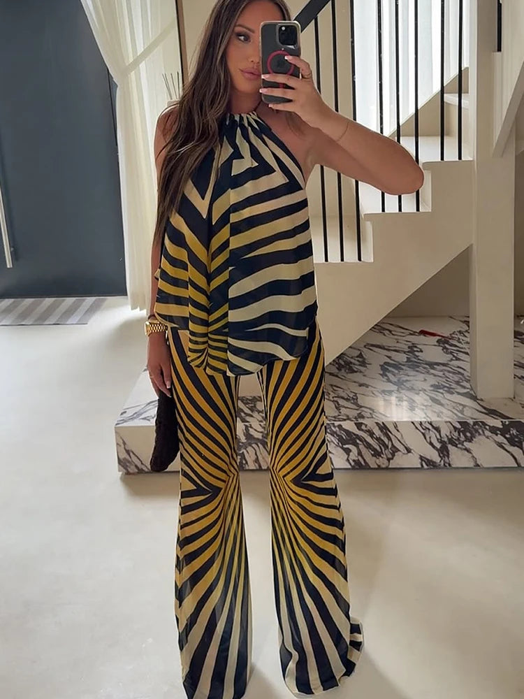 Sexy Striped 2 Piece Pants Sets Women Halter Sleeveless Backless Top Flared Pants Set 2026 Summer Vacation Beach Matching Outfit