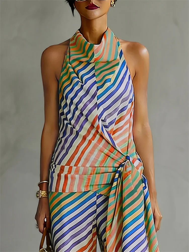 UOOZEE 2026 Women Evening Contrast Color Striped Matching Set Sleeveless Backless Halter-Neck Vest Top & Palazzo Pants Sets