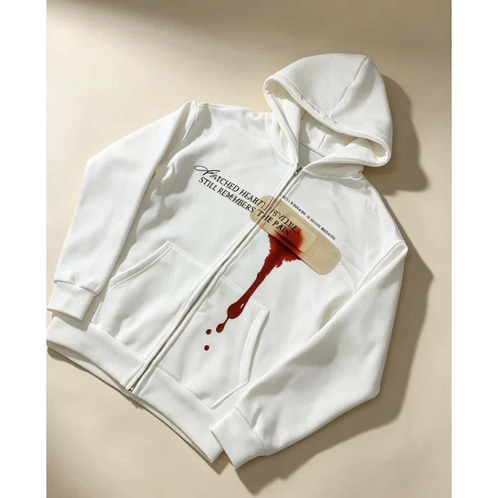 Y2K Gothic Zip Up Hoodie Unisex Bandage Blood Print Full Zipper Hooded Sweatshirt A Patched Heart Letter Oversized Streetwear