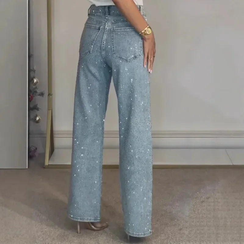 2025 Women Straight Diamonds Mom Jeans Stretch High Waist Washed Y2K Streetwear Vintage Denim Trousers For Daily Party Wear