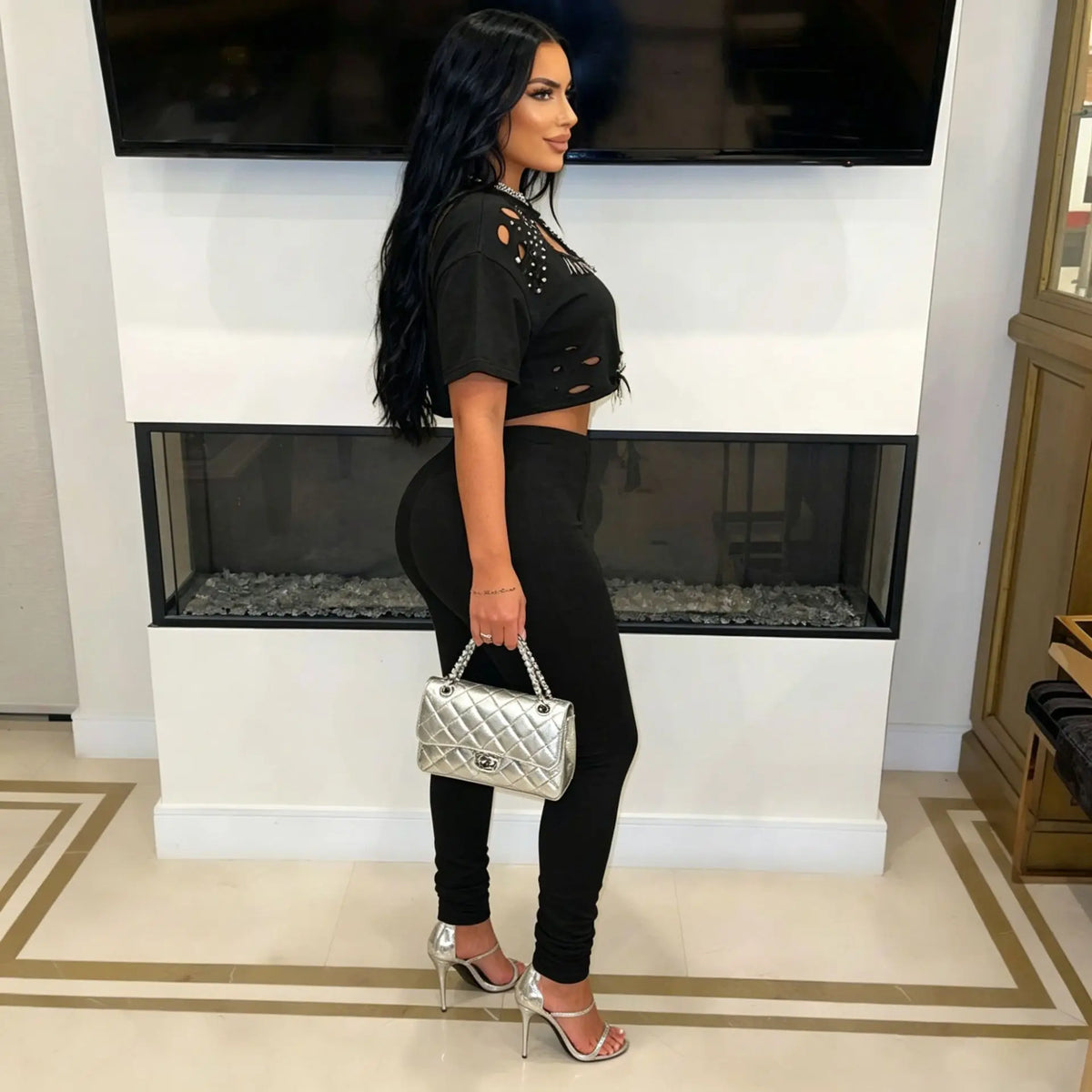 Women Punk 2 Piece Matching Set, Crew Neck Cutout Rivet Pin Decor Crop Top High Waist Skinny Pants Streetwear Outfit