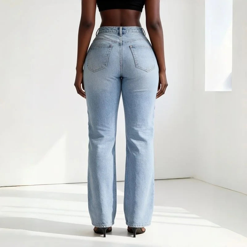 Girls Fashion Metal Ring Cutout Hollow Out Straight Leg Jeans Female Mid-rise Slim Fit Denim Pants Women Retro Designer Trousers