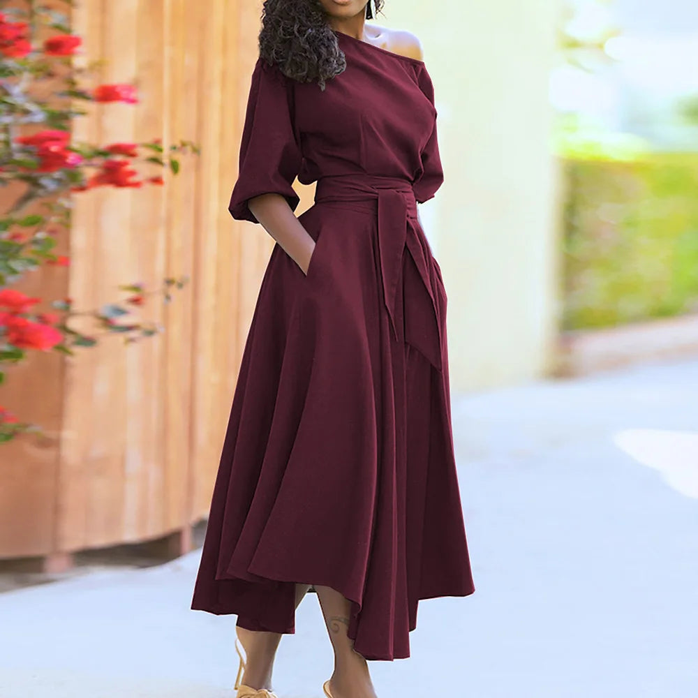 Women Summer Dress Solid Color Lantern Sleeve Belt Off Shoulder Pleated Mid-calf Vestidos Perfect for Casual Summer Days