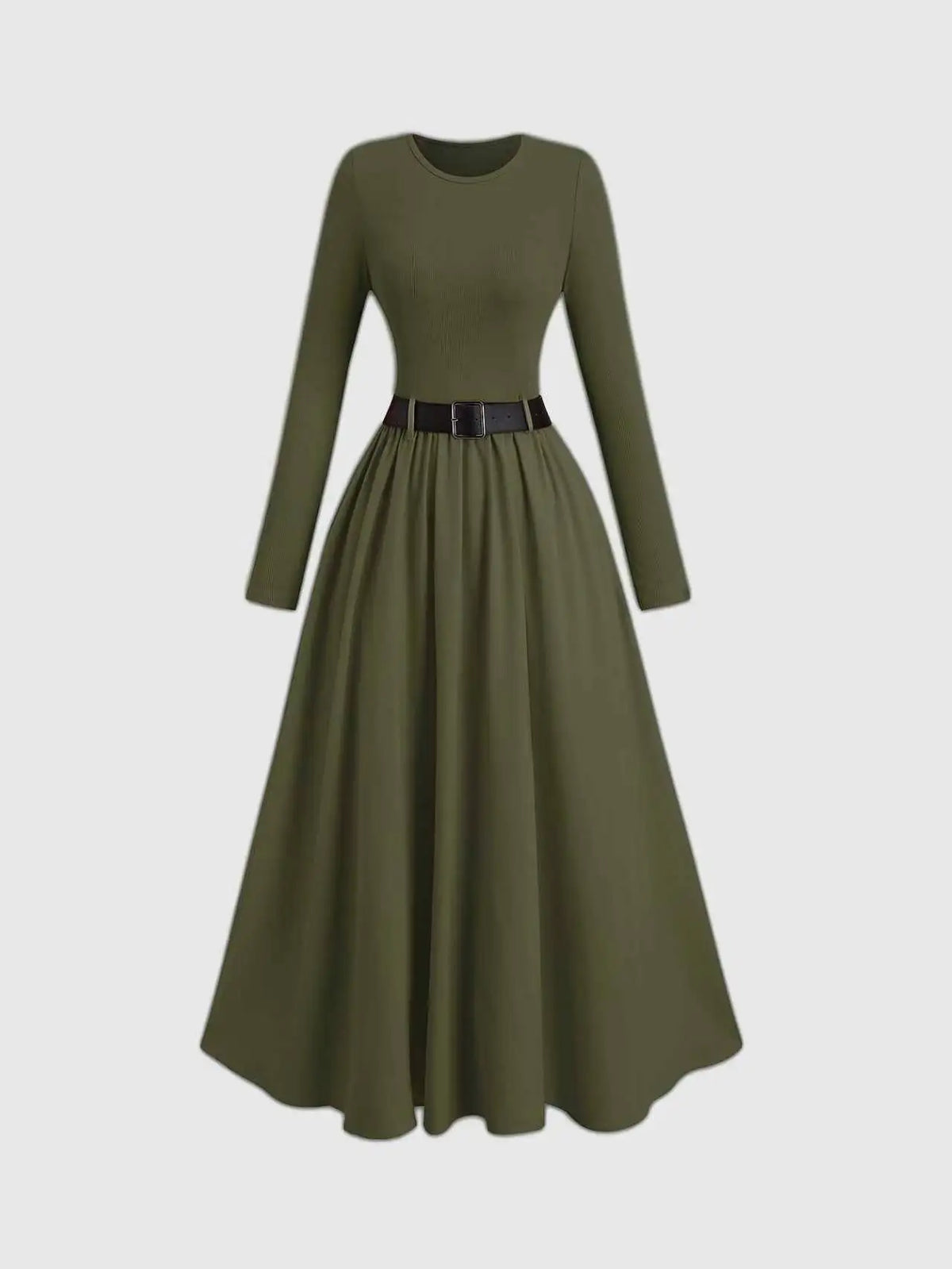 Women's Minimalist Classic Solid Color Long Sleeve Dress with Belt Elegant Casual All Match Daily Fashion