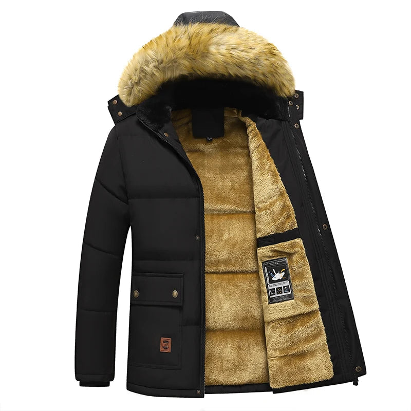 Men 2026 Winter New Windproof Fleece Warm Thick Jacket Parkas Coat Men Fashion Hooded Fur Collar Jacket Classic Casual Parka Men