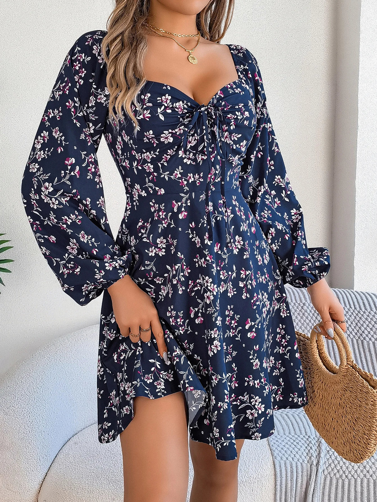 Spring Summer Flower Print Dress 2026 Vacation Drawstring V Neck Long Sleeve Midi Dresses Casual Woman Clothing