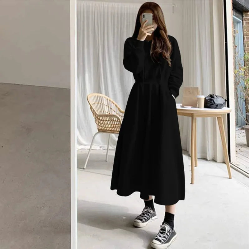 Korean Style Autumn Winter Hooded Sweatshirt Dress Plus Size Slimming Waist Cinch Solid Color Long Gown for Students Women Casua