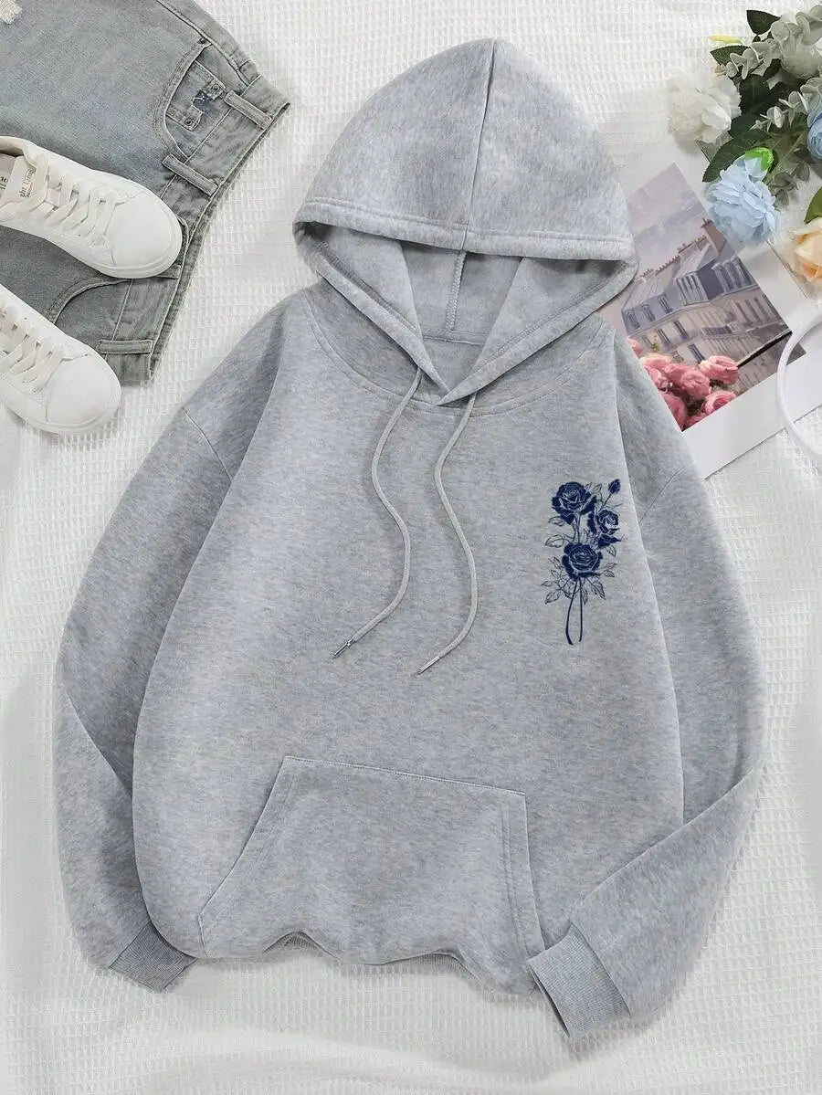 2026 Fashion New Arrival Womens Rose Slogan Graphic Print Drawstring Pocket Hoodie Autumn Winter Casual Streetwear Pullover Sweatshirt Basic Top T Shirt