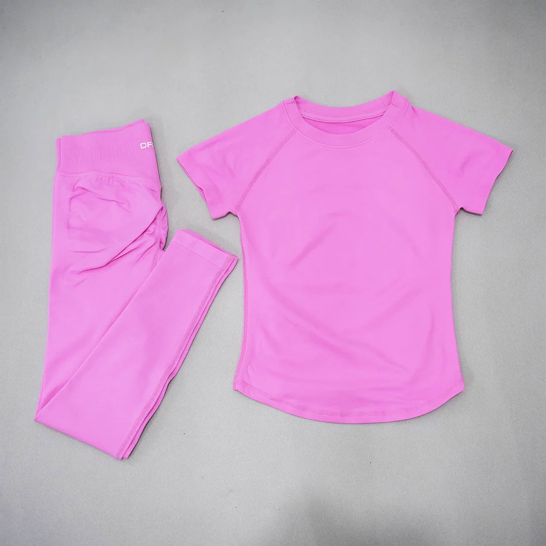 DF LOGO Ladies Seamless 2Pcs Yoga Set Short Sleeve Slim Top High Waist Leggings Quick Dry Breathable Gym Running Fitness Outfit