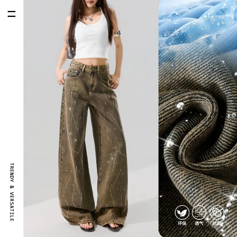 Women's Korean Style Loose Rhinestone Wide Leg Jeans 2026 Summer Vintage Wash American Retro Casual Streetwear Denim Pants