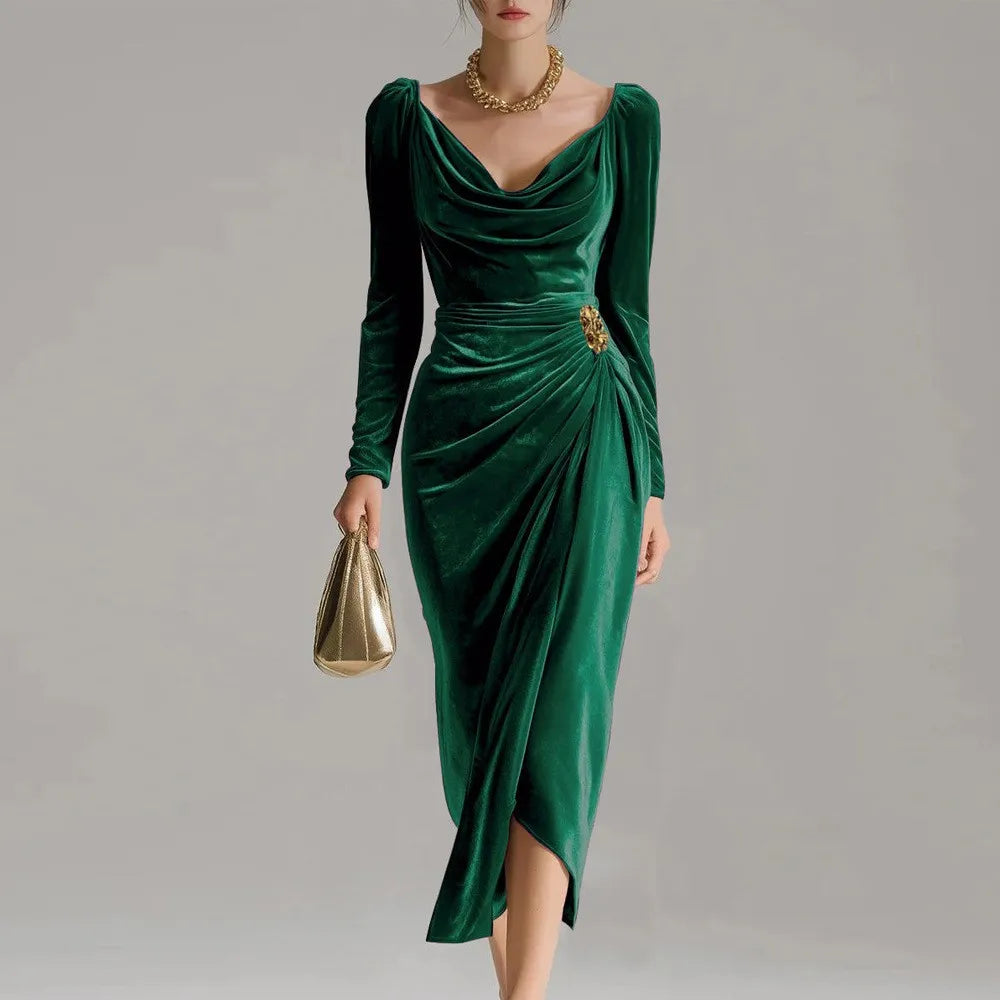2025 European and American Women's Casual Gold Velvet Sexy Long-Sleeve Slim Pleated Long Split Bodycon Dress