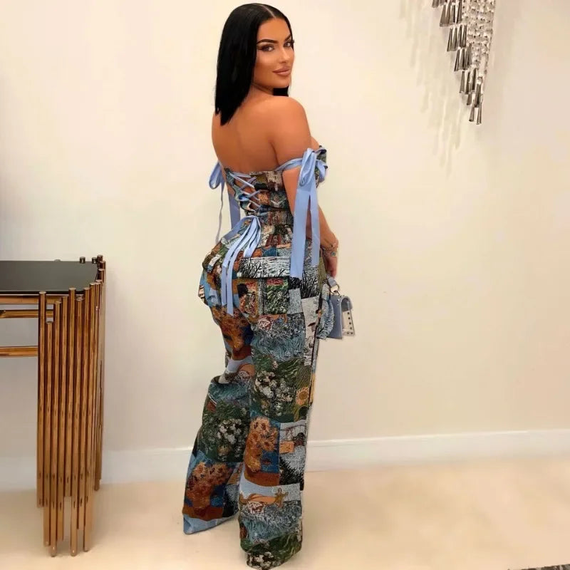 Sexy Leopard Print 2 Piece Set for Woman Birthday Off Shoulder Lace-up Bandage Top and Wide Leg Pants Matching Sets Outfits Club