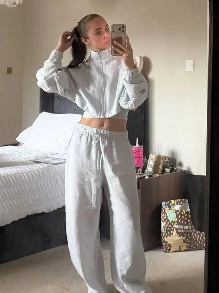Women 2 Pieces Sets Summer Women's Suit Loose Thin Zip Up Crop Jacket & Wide Leg Pants Sets Female Casual In Matching Sets