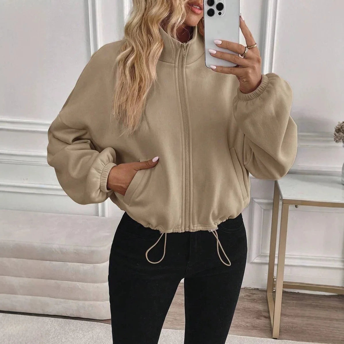 Women Fleece Lined Zip Up Hoodie Jacket Casual Drawstring Long Sleeve Outerwear Coats Spring Summer