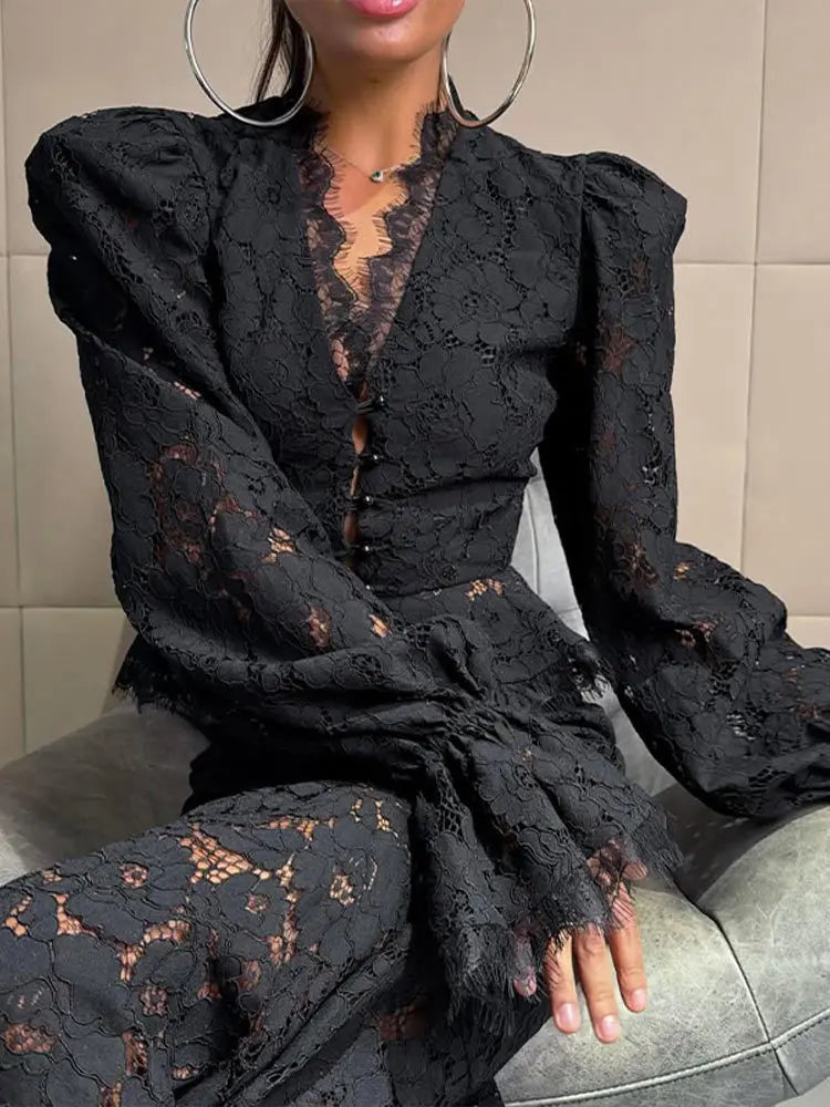 Mingmingxi Elegant White eyelash lace Lace Two Piece Set Autumn Long Sleeve Crop Top and Mermaid Skirt Women Matching Sets