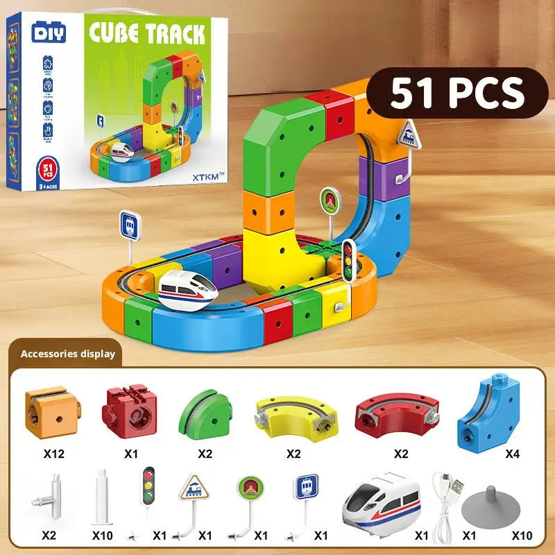 STEM Toys 51/81/123PCS Magical Track Train USB Rechargeable 3D Building Tracks Cube Rails STEM Educational Toys Christmas Birthday Gift