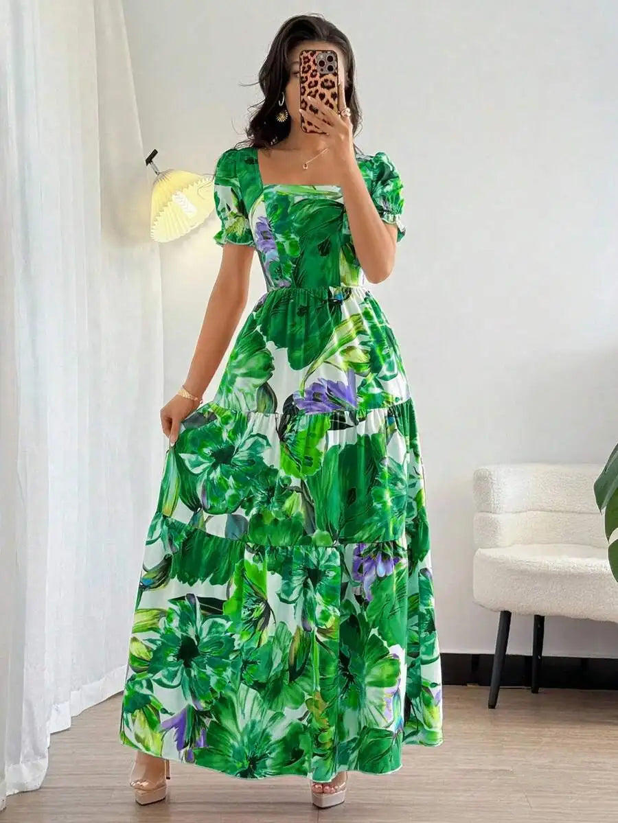 Women Tropical Bohemian Maxi Dress, Vibrant Floral Print Square Neck Puff Sleeve Tiered Summer Sundress For Vacation Party Daily