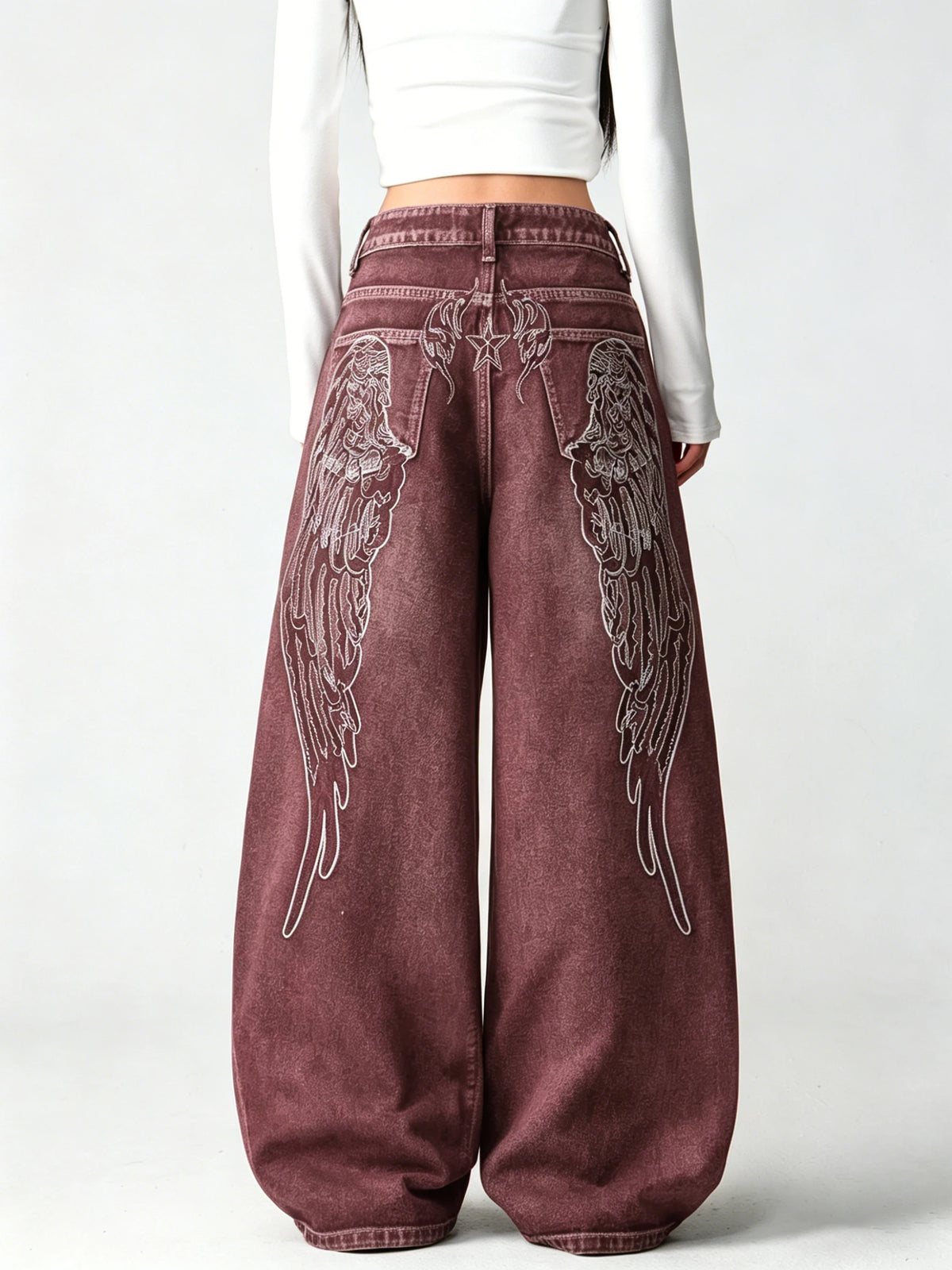 Plus Size Girls Spring Autumn Mid Waist Wide Leg Y2K Jeans Heavy Wing Embroidery Washed Soft Denim Hip Hop Pants