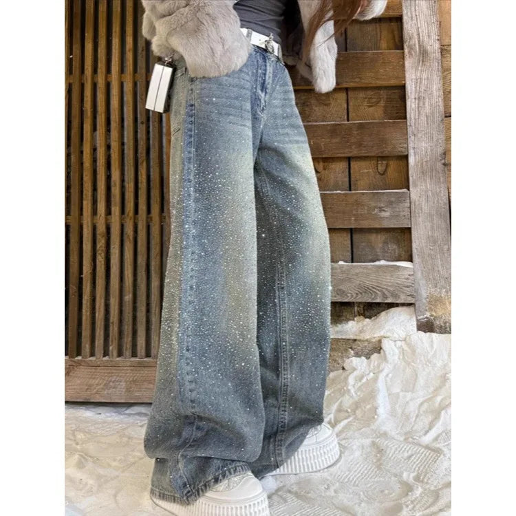 High-quality American-style plus-size retro full-sky rhinestone jeans for women, fashion floor-length pants with design sense