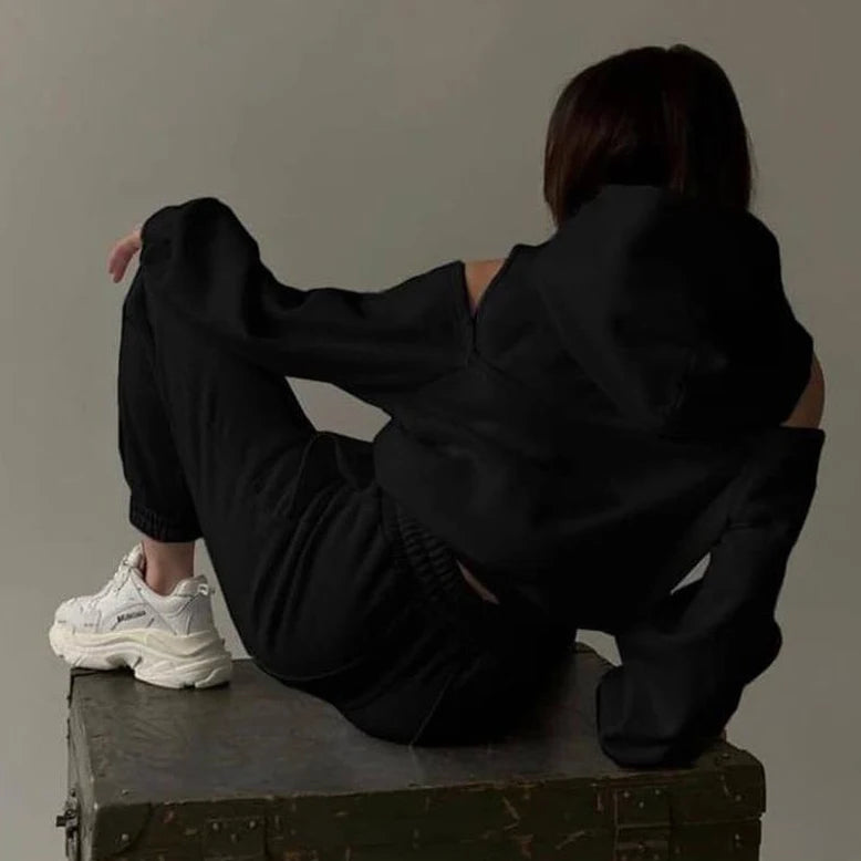 Women's 2026 European American Style Two-Piece Set Solid Color Hooded Short Hoodie Leg Binding Pants Casual Outfit