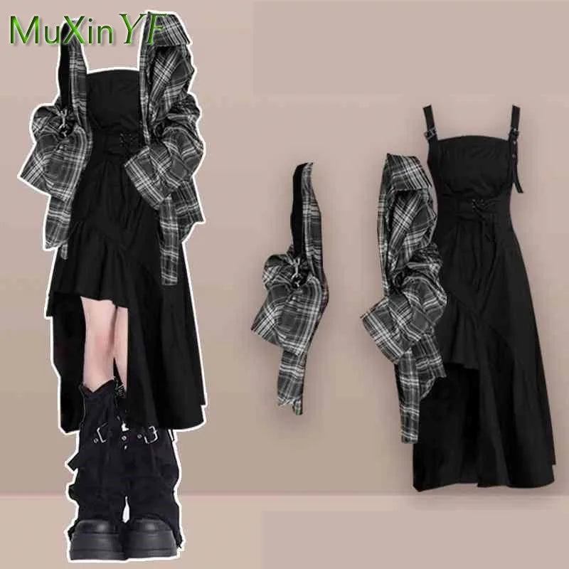 Women Summer/Autumn Fashion Plaid Shirt+Sexy Irregular Dress Matching Set Korean Elegant Cardigan Strip Skirt Two Piece Suit