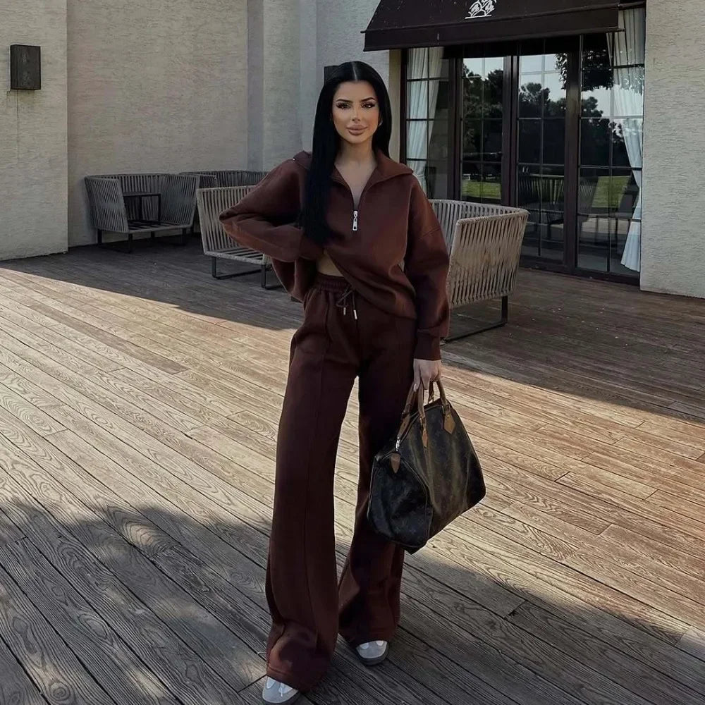 Women Half Placket Pullover Sweatshirt Pants Two Piece Set Autumn Winter Loose Casual Matching Outfit Ladies