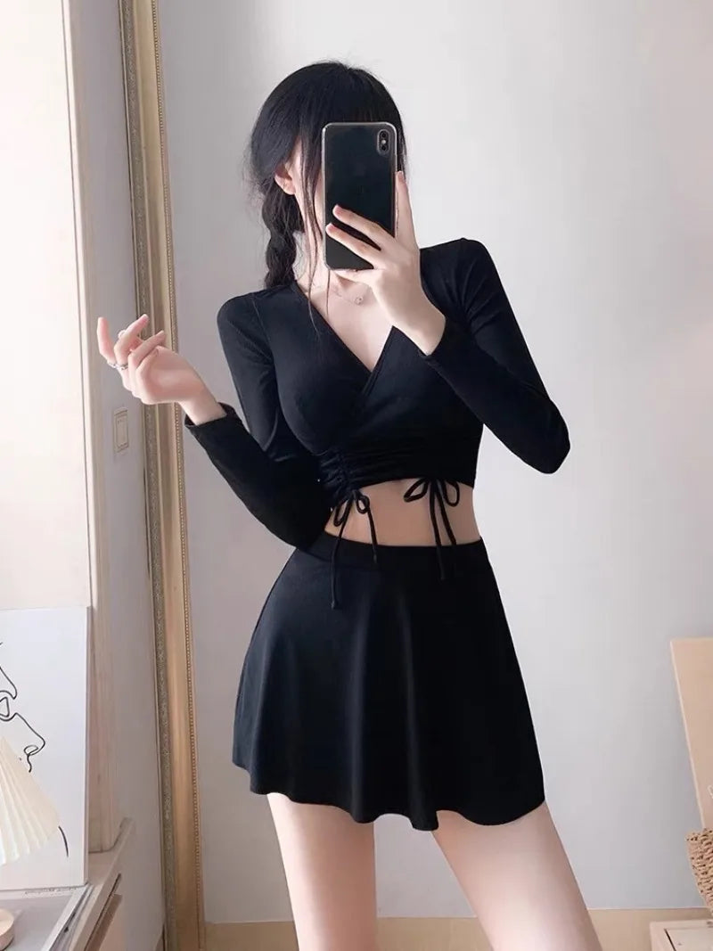 Sexy Korean Fashion Conservative Swimsuit Two Pieces Long Sleeve Cross Crop Tops with Pantskirt Bikinis Padded Swimwear Biquini