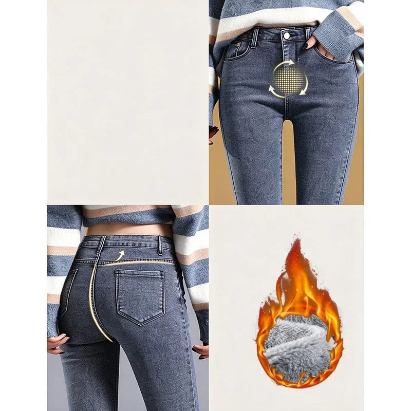 Winter Lady High Waist Thermal Plush Basic Jeans Girls Fashion Snow Warm Velvet Denim Trousers Female Straight Leg Casual Pants