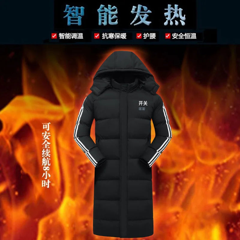 Smart Dual Control Heated Coat 11 Zone - Long Knee Length Hooded Cotton Parka, Outdoor Winter Warm Electric Heating Jacket