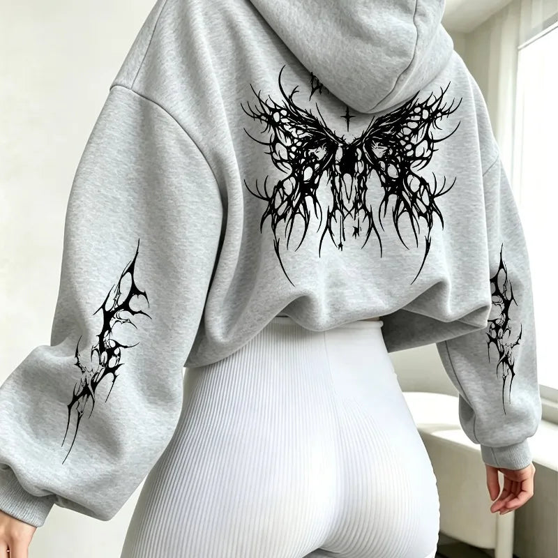 Black Cross Thorn Butterfly Pattern Print, Y2K Retro Street Women's Autumn/Winter Collection with Velvet Long Sleeve Hoodie