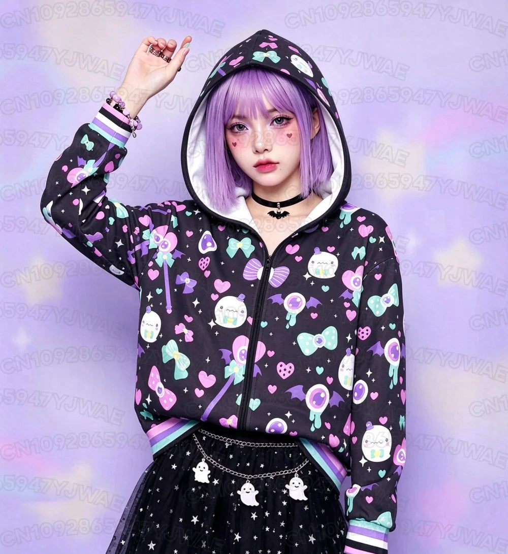 Women's Broken hearts Unisex Zipper Hoodie Rib Cage Spooky Cute Pastel Goth Menhera Halloween Creepy Cute Skeleton Hoodies