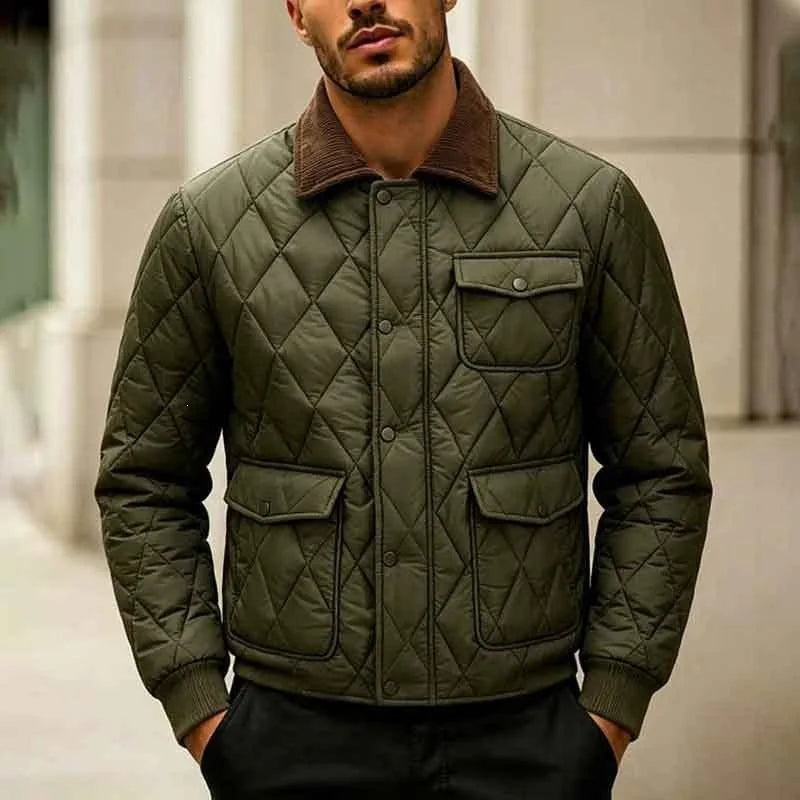 KIDWHXR Man Jacket Winter Retro Contrast Color Turn Down Collar Male Parkas Single-breasted Long Sleeve Pocket Men Casual Coat