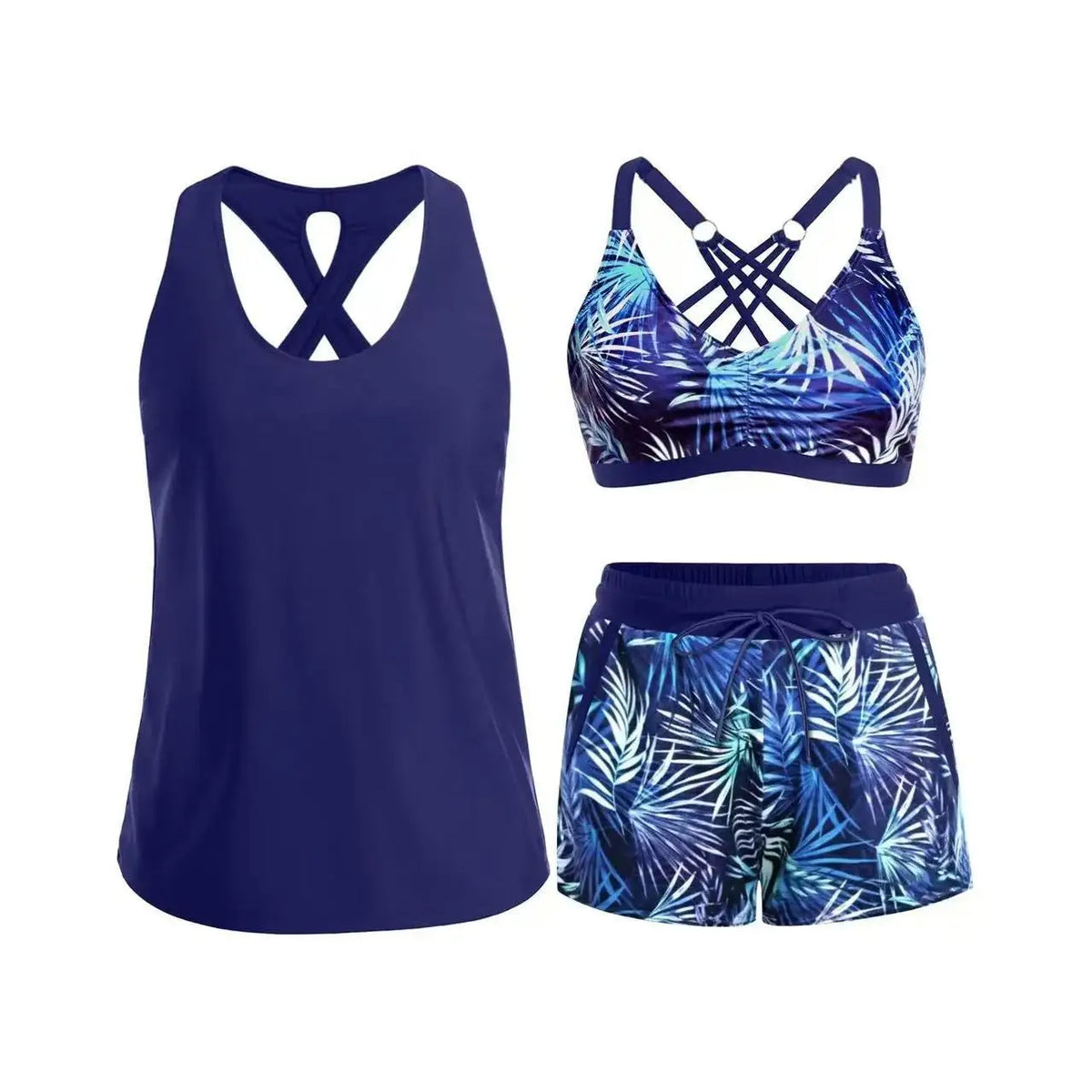 Women Palm Leaf Print 3 Piece Tank Bikini Set Criss Cross Back Top Drawstring Boyshort Swimsuits Bathing Suits Beach Swimwear