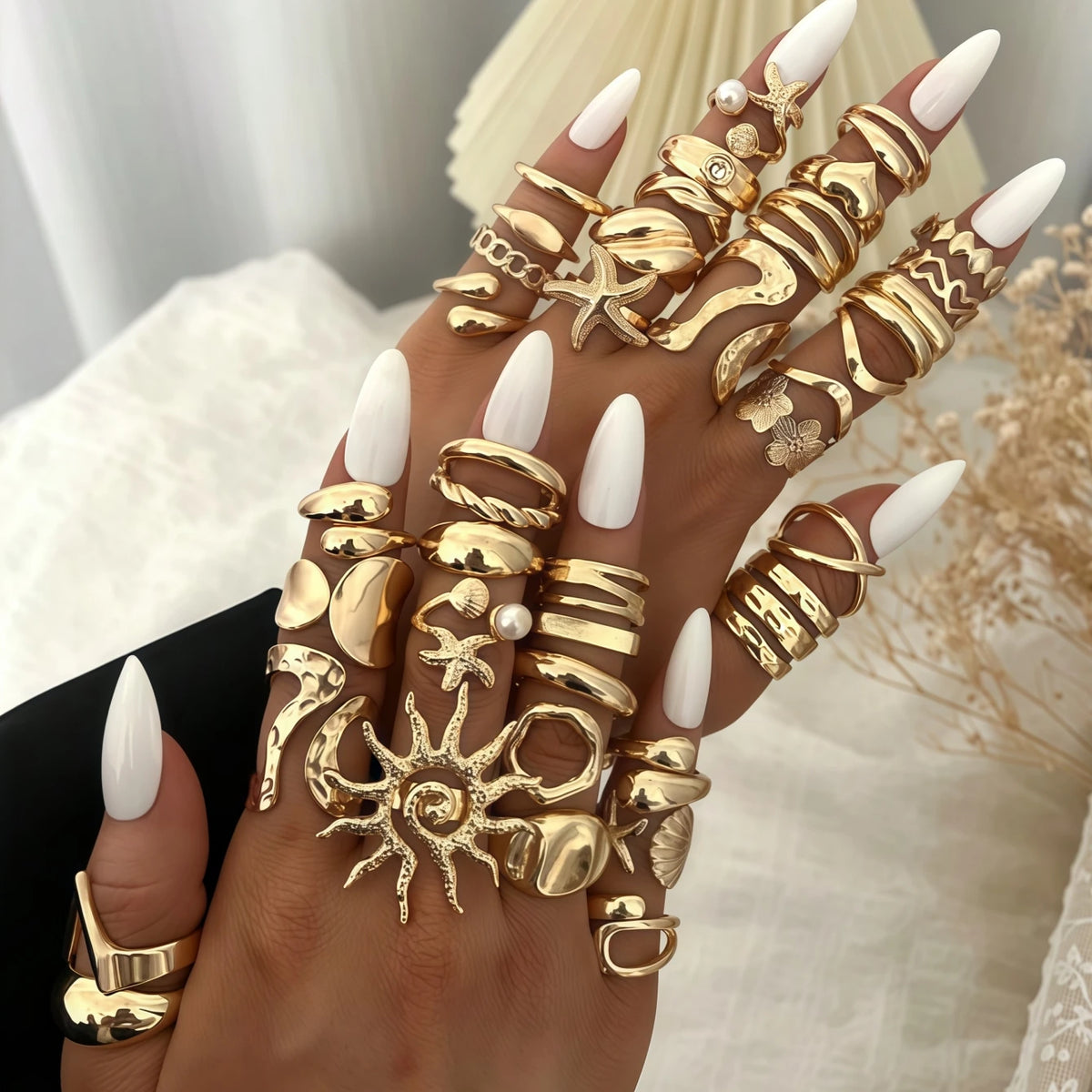 6/8/12/24/36/48/100Pieces Fashion Flowers Sun Geometry Open Rings Set For Women Mix Style Trendy Daily Jewelry Party Gifts