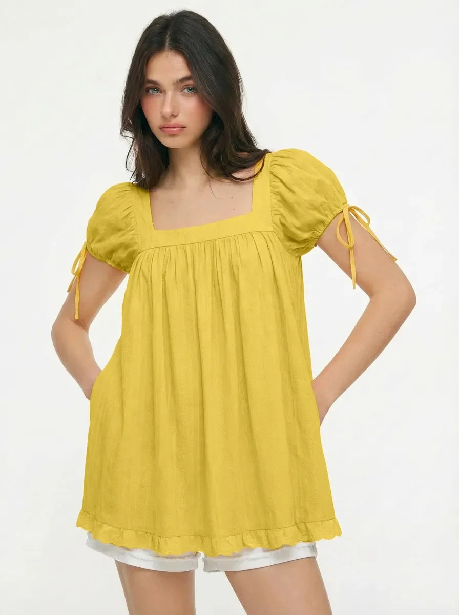 Bohemian Puff Sleeve Maternity Dress Women Square Neck A-line Mini Ruffled Dresses Fairy Vintage Loose Fit Flowy Short Dress